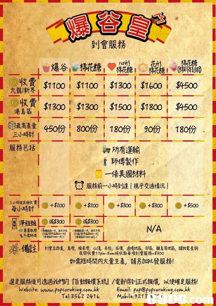 到會服務 IS形 Mill爆谷10棉花糖19,糀糖1 糖1-G棉花糖) 收鷺$1100 | $1100 | $13001 $1600 | $1500 $1300 $1300 $1500 $1800 $4500 量1 450份1800份! 180份! gOfA | 180份 九,新界 후 港島區1 最高產 三小時計! 服務包括 所有運輸 詹師傅製作 一倍美國材料 服務前一小時到達!視乎交通情況! 三小時後其後收費1 (D +$200 +$200 ( ) +$300 1 G) +$300 1 G) +$500 專業教學 N/A *備註1 到會至西貢 馬灣,愉景灣,呱 赤柱,石澳 邊境地區郊區,離島等地區,請致電查詢 夜間收費11 pm-8ah將收取每項到會服務+$300 如需短時間內大量生產,請另加批發服務! 選定服務後可透過我們的『自動報價系絢/電郵得到正式報價,以便確定服務! opcornking.com.hk Email: pop@popcornking.com.hk “21 Tel:3562 2416 Mobile:9213 s,-',text,font,line,cuisine