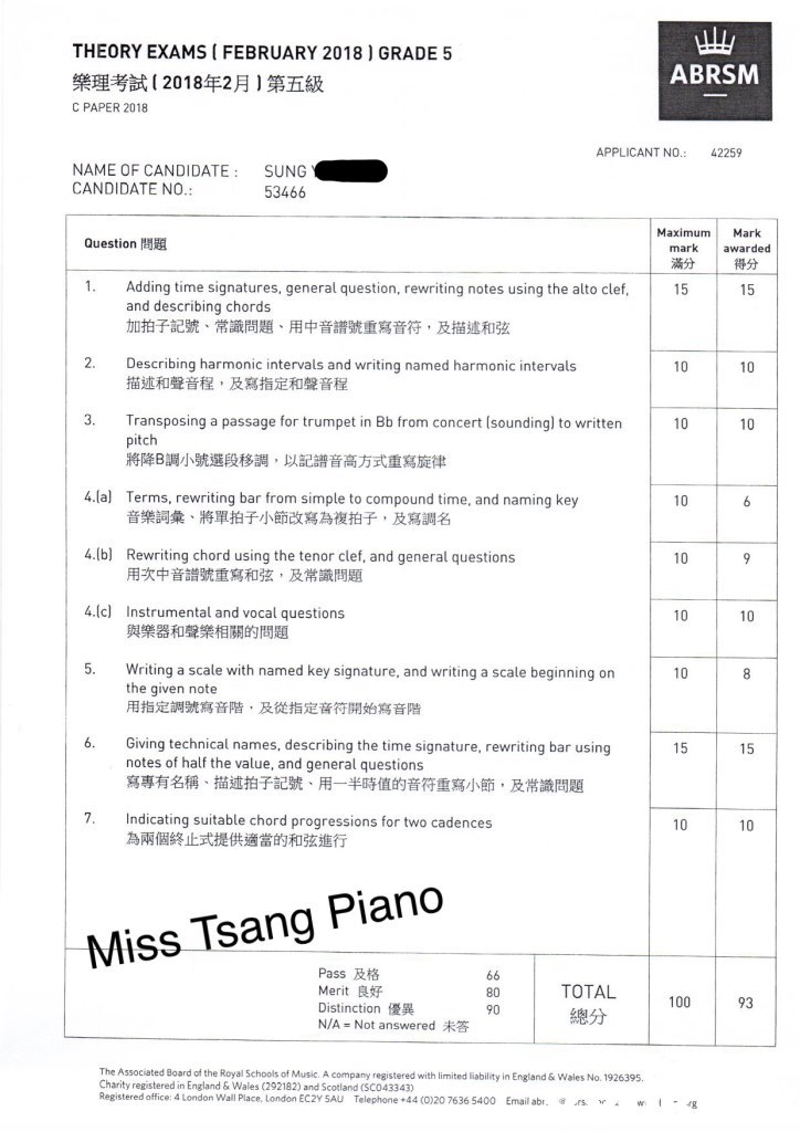 THEORY EXAMS ( FEBRUARY 2018 ) GRADE 5 ABRSM 樂理考試( 2018年2月)第五級 C PAPER 2018 APPLICANT NO.: 42259 NAME OF CANDIDATE CANDIDATE NO. SUNG 53466 Maximum Mark Question問題 mark awarded 滿分 得分 1 Adding time signatures, general question, rewriting notes using the alto clef 15 and describing chords 加拍子記號、常識問題、用中音譜號重寫音符,及描述和弦 2. Describing harmonic intervals and writing named harmonic intervals 描述和聲音程,及寫指定和聲音程 10 3. Transposing a passage for trumpet in Bb from concert (sounding) to written pitch 將降B調小號選段移調,以記譜音高方式重寫旋律 10 4.lal Terms, rewriting bar from simple to compound time, and naming key 10 音樂詞彙、將單拍子小節改寫為複拍子,及寫調名 4.lb) Rewriting chord using the tenor clef, and general questions 用次中音譜號重寫和弦,及常識問題 4.(c) Instrumental and vocal questions 與樂器和聲樂相關的問題 10 5. Writing a scale with named key signature, and writing a scale beginning on 10 the given note 用指定調號寫音階,及從指定音符開始寫音階 Giving technical names, describing the time signature, rewriting bar using notes of half the value, and general questions 寫專有名稱、描述拍子記號、用一半時值的音符重寫小節,及常識問題 6. 15 15 7. Indicating suitable chord progressions for two cadences 為兩個終止式提供適當的和弦進行 Miss Tsang Piano Pass及格 Merit良好 Distinction優異 N/A = Not answered未答 TOTAL 總分 100 93 90 The Associated Board of the Royal Schools of Music. A company registered with limited liability in England & Wales No. 1926395 Charity registered in England & Wales (292182) and Scotland (SCO43343) Registered office: 4 London Wall Place, London EC2YSAU Telephone +44 (0)20 7636 5400 Email ab. 回/ e w t -,text,font,line,document,black and white