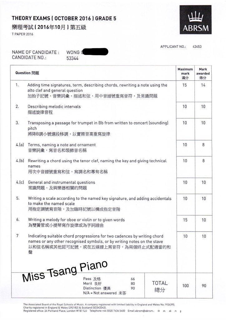 THEORY EXAMS ( 0CTOBER 2016 ) GRADE 5 樂理考試( 2016年10月)第五級 T PAPER 2016 ABRSM APPLICANT NO.: 43453 NAME OF CANDIDATE WONG CANDIDATE NO.: 53344 Maximum Mark Question markawarded 滿分 得分 1. Adding time signatures, term, describing chords, rewriting a note using the alto clef and general question 加拍子記號,音樂詞彙,描述和弦,用中音譜號重寫音符,及常識問題 2. Describing melodic intervals 描述旋律音程 3. Transposing a passage for trumpet in Bb from written to concert [soundingl pitch 將降B調小號選段移調,以實際音高重寫旋律 10 4.(a) Terms, naming a note and ornament 音樂詞彙,寫音名和裝飾音名稱 10 4.lb Rewriting a chord using the tenor clef, naming the key and giving technical names 用次中音譜號重寫和弦,寫調名和專有名稱 10 4.lc) General and instrumental questions 10 10 常識問題,及與樂器相關的問題 5. Writing a scale according to the named key signature, and adding accidentals 10 10 to make the named scale 用指定調號寫音階,及加臨時記號以構成指定音階 6. Witing a melody for oboe or violin or to given words 15 10 為雙簧管或小提琴寫作旋律或為字詞譜曲 7Indicating suitable chord progressions for two cadences by writing chord names or any other recognised symbols, or by writing notes on the stave 以和弦名稱或其他認可記號,或在五線譜上寫音符,為兩個終止式配適當的和 聲 Miss Tsang Piano Pass及格 Merit良好 Distinction優異 N/A = Not answered未答 TOTAL 80 90 100 90 The Associated Board of the Royal Schools of Music. A company registered with limited liability in England and Wales No.1926395. Charity registered in England &Wales [2921821 & Scotland ISCO43343. Registered office: 24 Portland Place, London W1B ILU Telephone +44 10120 7636 5400 Email abrsm@abrsm.·旗 at m,text,font,line,document,paper