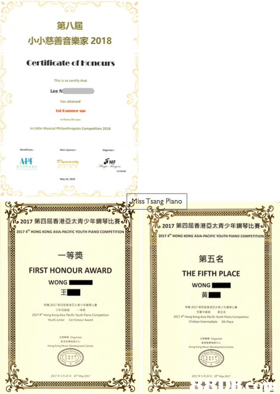 第八屆 小小慈善音樂家2018 This is to certity that Lee Ist Lunner up n ule Musical Philanthrepists Competition 2018 MF iss Tsang Piano 62017第四届香港亞太青少年鋼琴比賽 2017第四屆香港亞太青少年鋼琴比賽 20174" HONG KONG ASIA-PACIFIC YOUTH PANO COMPETITION 017 4 HONG KONG ASIA PACIFIC YOUTH PIANO COMPETITION 一等奬 第五名 FIRST HONOUR AWARD THE FIFTH PLACE WONG 20174Hong Kong Asia Paific Youth Plano Competition Youth uor 1st Honour Awand 201785月20 May 201,text,line,font,