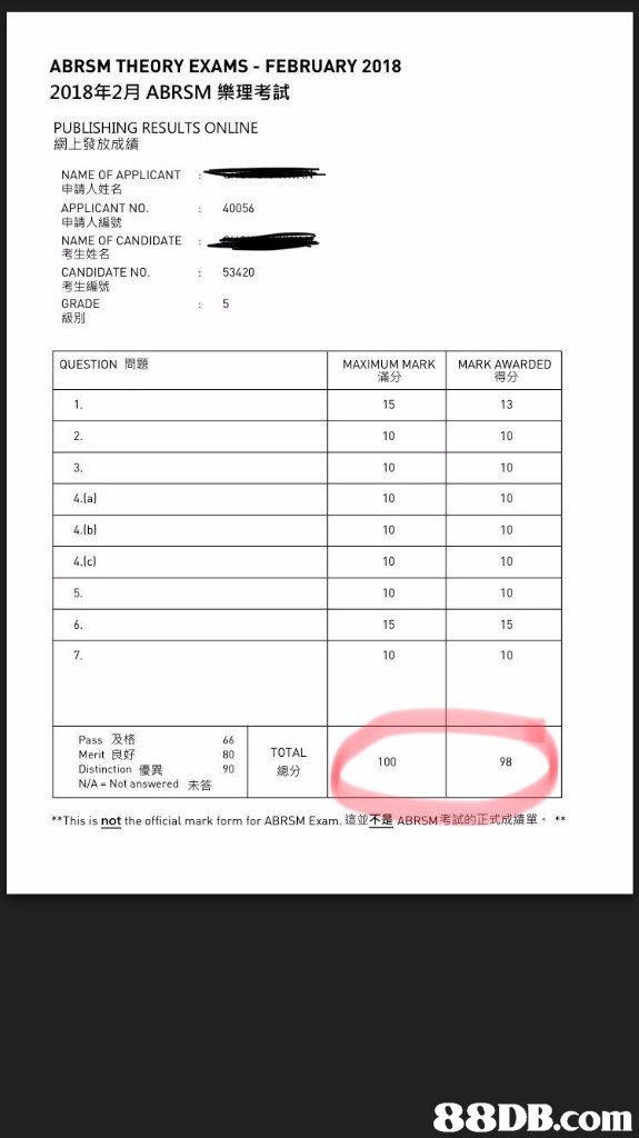ABRSM THEORY EXAMS FEBRUARY 2018 2018年2月ABRSM樂理考試 PUBLISHING RESULTS ONLINE 網上發放成績 NAME OF APPLICANT 申請人姓名 APPLICANT NO 申請人編號 NAME OF CANDIDATE 40056 考生姓名 CANDIDATE NO 考生編號 GRADE 級別 :53420 QUESTION問題 MAXIMUM MARK I MARK AWARDED 得分 滿分 13 10 2. 3. 4.(al 4.Ibl 4.(c) 5. 10 10 10 10 10 10 10 10 10 15 10 Pass及格 Merit良好 Distinction優異 N/A-Not answered TOTAL 98 100 90 總分 未答 "This is not the official mark form for ABRSM Exam.這並不是ABRSM考試的正式成績單。 **,Text,Line,Font,Parallel