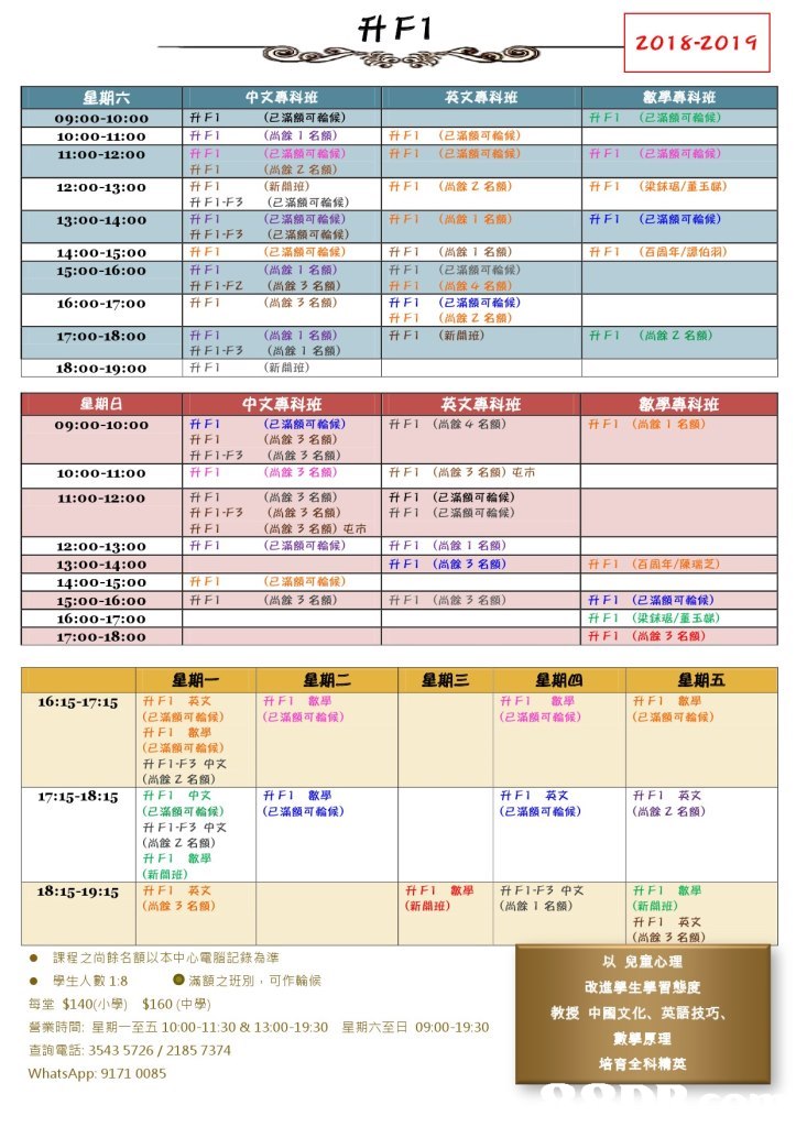 2018-2019 中文專科班 敏學專科班 (已滿額可輪候) 英文專科班 升F1 09:00-10:00 10:00-11:00 11:00-12:00 (已滿額可輪候) (尚餘1名額) (已滿額司輪候) 升F1 ft F1 (已滿額可輪候) (已滿額可輪候) 升F1 Ft F1 ft FI 升F1 (已滿額하輪候) (梁銶琚/董玉娣) (已滿額可輪候) (百周年/譚伯羽) 名額) 幵FI (尚餘 名額) 12:00-13:00 13:00-14:00 14:00-15:00 升F1-F3 (已滿額可輪候) (已滿頯可輪候) (已滿額可輪候) (已滿額可輪候) (尚餘1名額) (尚餘3名額) (尚餘3名額) 幵F1 (尚餘1名! Ft F1-F3 升F1 升F1 升F1 F1 升F1 升F1 (尚餘1名額) (已滿額可輪候) (尚餘4名額) (已滿額可輪候) (尚餘Z名額) (新開班) ー 15:00-16:00 16:00-17:00 17:00-18:00 18:00-19:0o 升F1-F2 (尚餘1名額) (尚餘1名額) 升F1 (尚餘 名額) F1-F3 中文專科班 英文專科班 (尚餘4名額) (已滿額可輪候) (尚餘3名額) (尚餘3名額) (尚餘ㄋ名額) 09:00-10:00 升F1 Ft FI (尚餘1名額) 升F1-F3 10:00-11:0OO ftFl (尚餘3名額)屯市 (尚餘3名額) (尚餘3名額) (尚餘3名額)屯市 (已滿額司輪候) 升F1 ft F1 (已滿額可輪候) (已滿額可輪候) 11100-12:00 ft F1-F3 升F1 升F1 (尚餘1名額) (尚餘3名額) 12:00-13:00 ft F1 (百周年/陳瑞芝) 14:00-15:00 15:00-16:00 (已滿額可輪候) (尚餘3名額) FtFl (尚餘3名額) Ft F1 ft F1 升F1 (已滿額可輪候) (梁鉥琚/董玉娣) (尚餘ㄋ名額) 星期 |升F1 英文 16:15-17:15 (已滿額可輪候) (已滿額可輪候) (已滿額司輪候) (已滿額可輪候) (已滿額可輪候) 升F1-F3中文 (尚餘2名額) 17:15-18:15 |升F1 中文 (已滿額可輪候) 升F1-F3中文 (尚餘Z名額) HE (已滿額可輪候) (已滿額可輪候) (尚餘2名額) 18:15-19:15 |升F1 英文 (尚餘3名額) ft F1 數學 :升F1-F3中文 (尚餘1名額) (尚餘3名額) ●課程之尚餘名額以本中心電腦記錄為準 ● 學生人數1.8 每堂$140(小學) $160 (中學) 營業時間:星期一至五10:00-11:30 & 13:00-19:30 查詢電話: 3543 5726 / 2185 7374 WhatsApp: 9171 0085 以兒童心理 改進學生學習態度 中國文化、 ●滿額之班別,可作輪候 教授 英語技巧 星期六至日 09:00-1930 培育全科精英,text,software,line,font,product