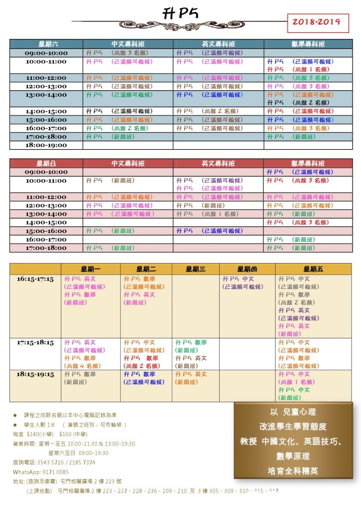 2018-2019 中文專科班 (尚餘3名額) (已滿額 輪候) 英文專科班 (已滿額可輪候) (已滿顯可輪候) 數學專科班 09:00-10:0O 10:00-11:00 升P5 升P5 升P5 升P5 升PG 升P5 升P5 升P5 升PG ftP5 升PG 升P5 升P5 (已滿額可輪候) (尚餘1名額) (尚餘3名額) (尚餘3名額) (已滿額可輪候) (尚餘2名額) (已滿額可輪候) (已滿額可輪候) (尚餘3名額) 11:00-12:00 12:00-13:00 13:00-14:00 升P5 升P5 升P5 (已滿額可輪候) (已滿額可輪候) (已滿額可輪候) 升P5 升P5 升P5 (已滿顯可輪候) (已滿額可輪候) (已滿額可輪候) 15:00-16:00 16:00-17:00 升P5 升P5 升P5 (已滿額可輪候) (已滿額可輪候) (尚餘乙名額) 升P5 升P5 升P5 (尚餘2名額) (已滿額可輪候) (已滿額可輪候) 18:00-19:00 中文專科班 敏昂專科班 (已滿額司輪候) (尚餘3名額) 英文專科班 1升P5 升P5 09:00-10:0O 升P5 (新開班) ftP5 升P5 升P5 升P5 升P5 (已滿額可輪候) (已滿額可輪候) (已滿額可輪候) (新開班) (尚餘1名額) 10:00-11:0O 11:00-12:0O 12:00-13:00 13:00-14:00 升P5 升P5 升P5 (已滿額可輪候) (已滿額可輪候) (已滿額可輪候) 升P5 升P5 升P5 升P5 (已滿額可輪候) (已滿額可輪候) (新開班) (尚餘3名額) っ+ 15:00-16:00 1升PG (已滿額可輪候) | 升P5 升P5 (新開班) (新開班) 升P5 (新開班) 15-1715 升P5數學 (已滿額可輪候) (已滿額可輪候) (已滿額可輪候) |(已滿額可輪候) 數學 (新開班) (尚餘 名額) (已滿額可輪候) (新開班) (已滿額可輪候) (已滿顯27輪候) (尚餘1名額) (新開班) (新開班) 英 17:15-18:15 |升PG英文 數學 |升PG數學 (已滿額可輪候) (尚餘4名額) (新開班) (已滿額可輪候) 升P5 歙學 (尚餘 名額) 升P5數學 (已滿額可輪候) 升P5數學 | (新開班) |ftPG英文 |(新開班) 數學 18:15-19:15 | (新開班) 以兒童心理 改進學生學習態度 課程之尚餘名額以本中心電腦記錄為準 學生人數1:8 (滿額之班別,可作輪候) 每堂$140(小學) $160(中學) 營業時間:星期一至五10:00-11:30 & 13:00-19:30 教授中國文化、英語技巧 星期六至日 09:00-19:30 查詢電話: 3543 5726 / 2185 7374 WhatsApp: 9171 0085 地址:(查詢及繳費》屯門栢麗廣場2樓223號 培育全科精英 仩課地黝 屯門栢麗廣場2樓223-227-228-236 . 209-210及3樓305-309-310-215-217,text,line,font,area,product