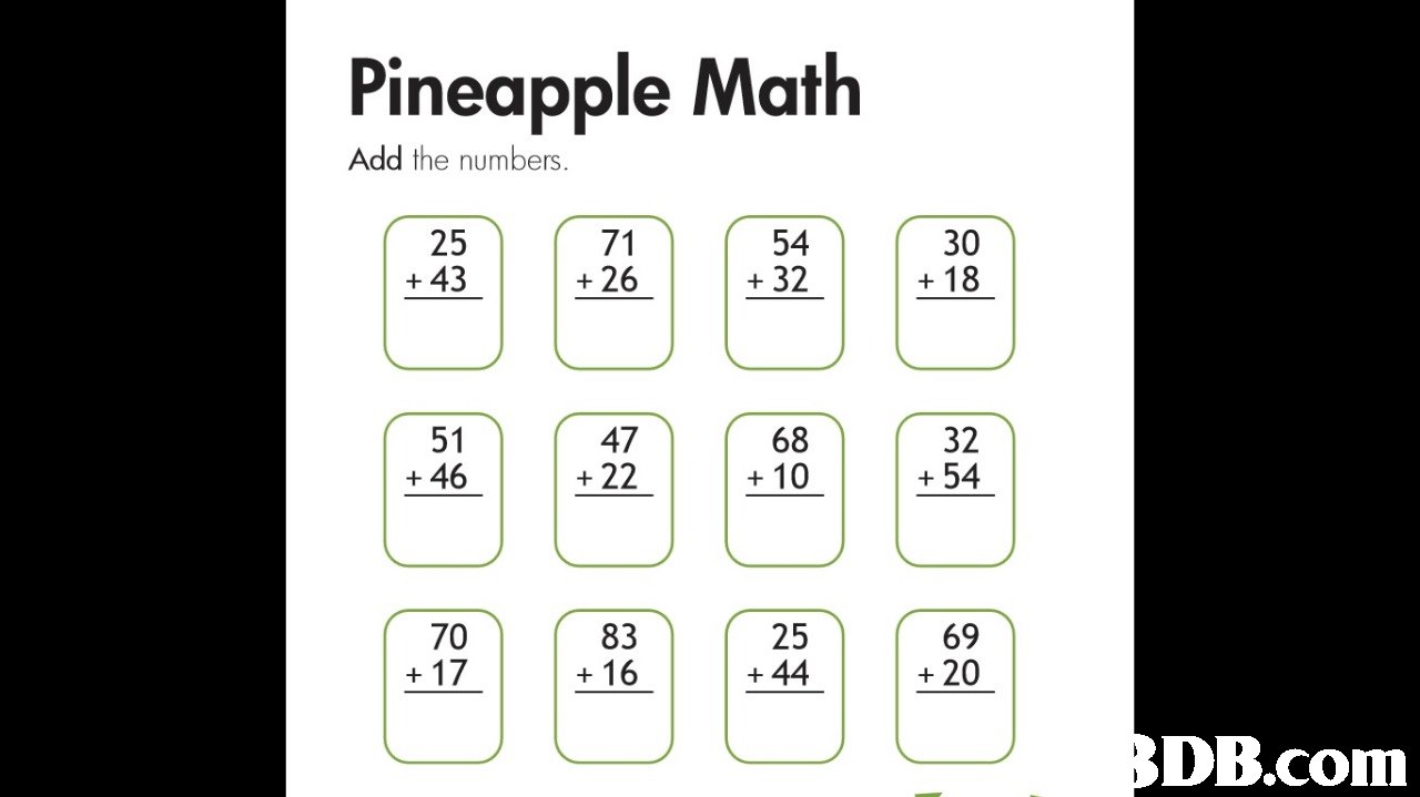 Pineapple Math Add the numbers. 25 + 43 71 + 26 54 +32 30 +18 51 47 68 32 +46 +221054 70 + 17 83 + 16 25 + 44 69 +20 DB.comm  text,white,font,technology,line
