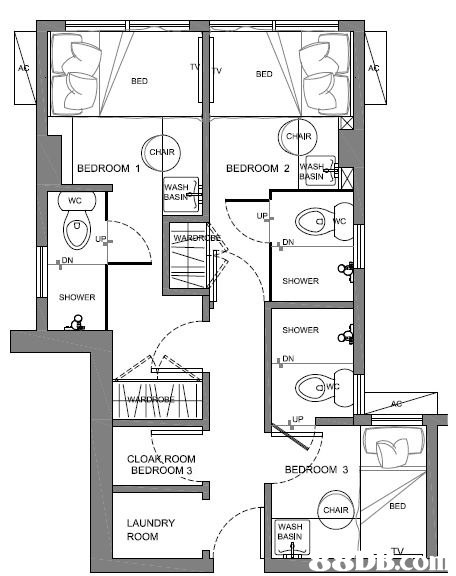 BED BED IR BEDROOM 1 BEDROOM 2 WASH WASH SHOWER SHOWER SHOWER DN LP CLOAK,ROOM BEDROOM 3 BEDROOM 3 BED CHAIR LAUNDRY ROOM WASH  floor plan,text,drawing,black and white,line