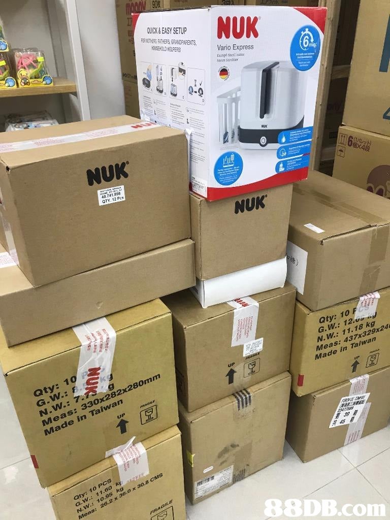 8NUK QUCK &EASY SETUP FOR MUOTHERS FATHERSGRNPARENITS KUSEHOLD HELPERS Vario Express erspf Sterlisaber Sresrt Stenin 2-0 NUK NUK 40.741.896 OTY. 12 Pcs NUK aty: 10 G. W: 12. N. W: 11. 18 kg aty: 10 Meas: 330x282x280mm Made in Taiwan Meas: 437x329x24 Made in Talwan UP #45 aty: 1o PCS 26.2 x 36.o x 30.8 CMS 88DB.com  product