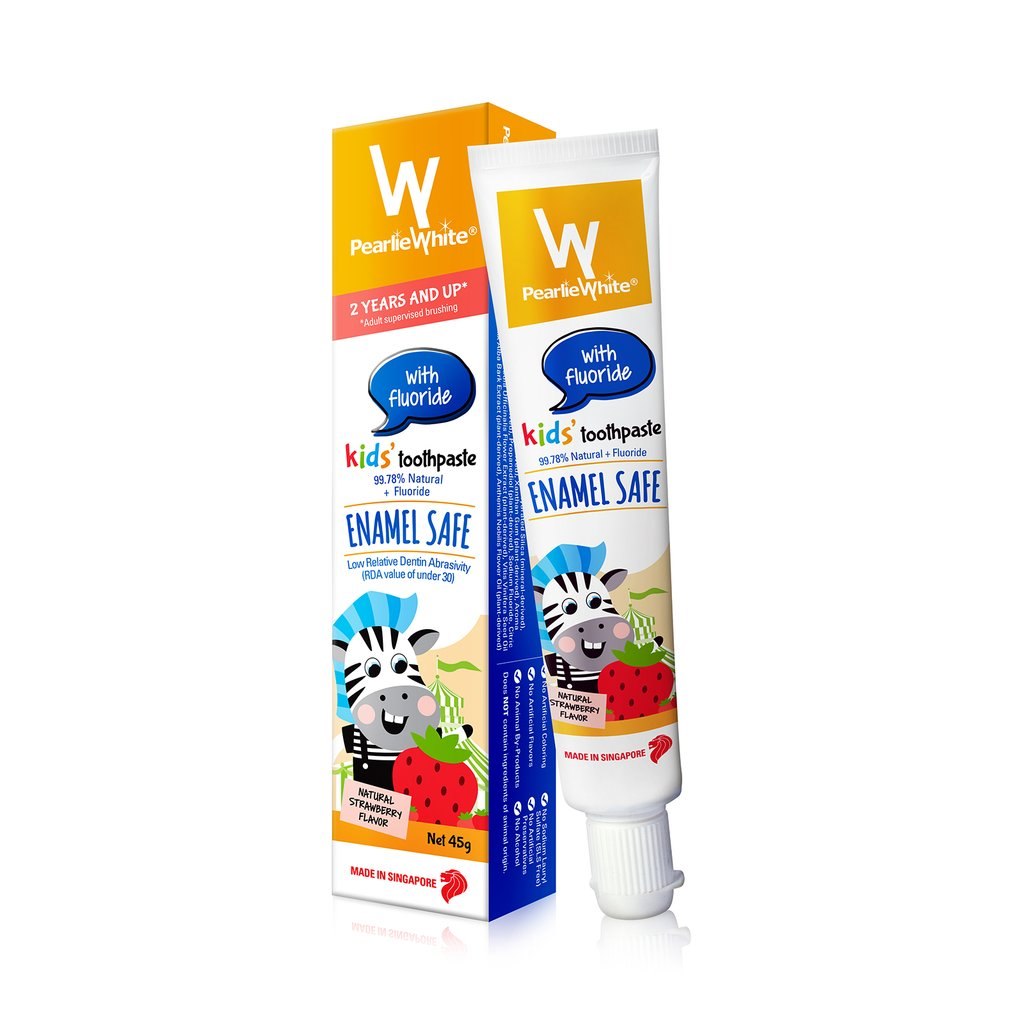 PearlieWhite Pearlie White 2 YEARS AND UP* Adult sU with fluoride with fluoride kids' toothpaste kids toothpaste 0 99.78% Natural + Fluoride ENAMEL SAFE 99.78% Natural Fluoride Low Relative Dentin RDA value of under 30) NATURAL FLAVOR MADE IN SINGAPORE Net 45 MADE IN SINGAPORE  product