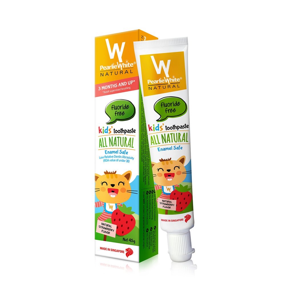 PearlieWhite NATURAL 3 MONTHS AND UP Adult supervised brushing PearlieWhite NATURAL fluoride free fluoride free kids' toothpastekids' toothpaste ALL NATURA ALL NATURAL Enamel SafeEnamel Safe RDA value of under 30) 339 FLAVOR MADE IN SINGAPORE TURAL Net 45 MADE IN SINGAPORE  product