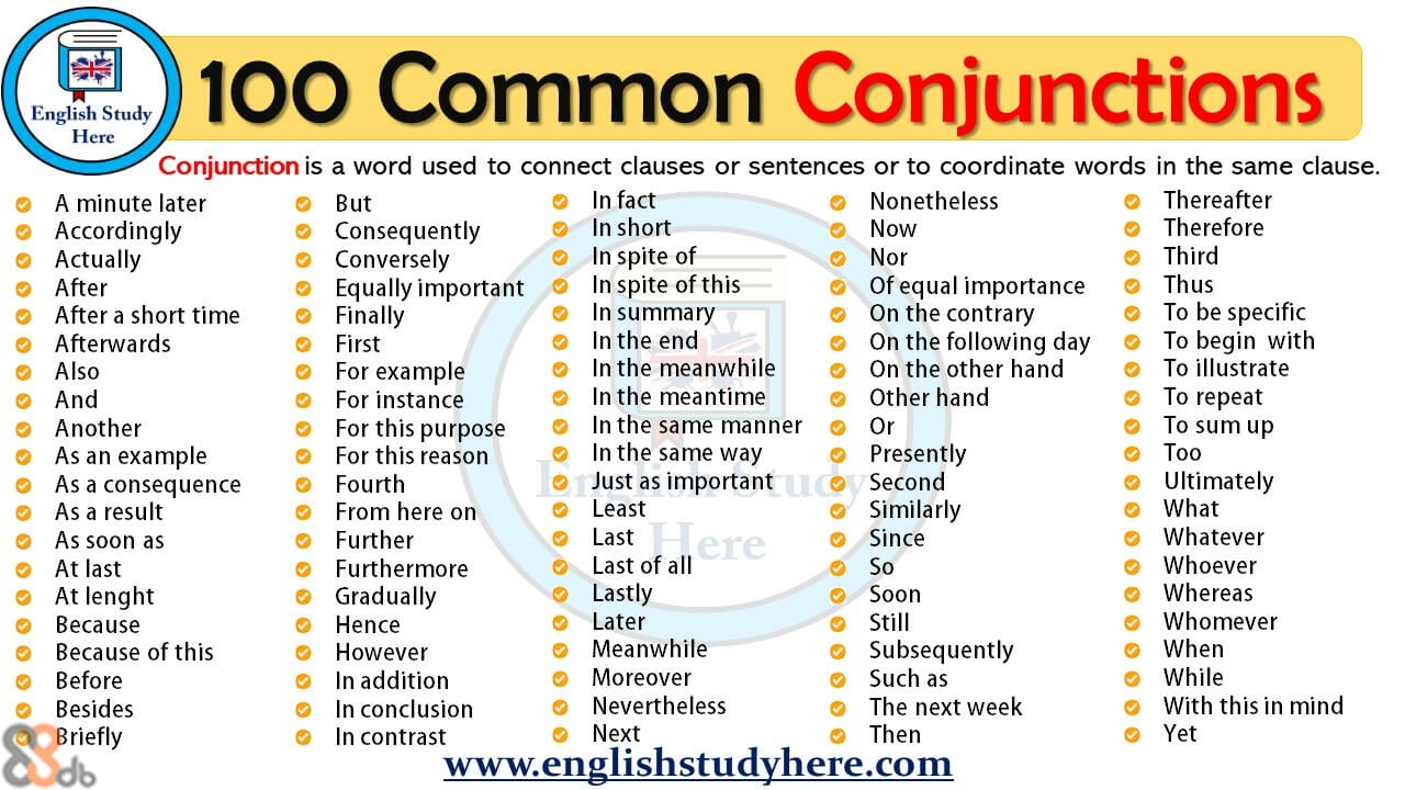 ) 100 Common Conjunctions English Study Here Conjunction is a word used to connect clauses or sentences or to coordinate words in the same clause. s In fact o In short In spite of Thereafter o Therefore o Nonetheless A minute later o Accordingly o But Now Consequently o Conversely Thirg Of equal importanceThus Actually o After oEqually importantIn spite of this o In summary To be specific o On the contrary o On the following day To begin with After a short timeFinally o Afterwards Also And First For example For instance In the end In the meanwhile O On the other hand To illustrate s In the meantime o Other hand o Presently o Similarly To repeat o To sum up o For this purpose In the same manner Or Another As an example As a consequenceFourth As a result As soon as At last At nght o In the same way o Just as important uSecond Too o Ultimately o What o Whatever o Whoever o Whereas o Whomever o When o While o With this in mind For this reason From here on Further Least Last Since ere Last  Text,Font,Line,Number,