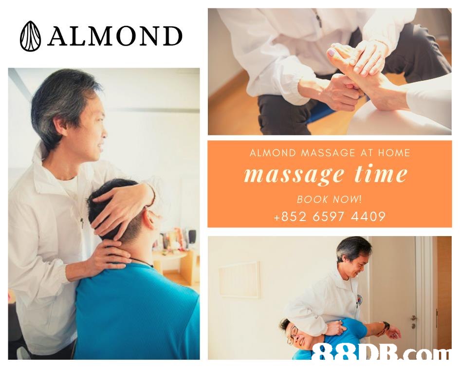 ALMOND ALMOND MASSAGE AT HOME massage time BOOK NOW! +852 6597 4409  Product,Skin,Shoulder,Text,Arm