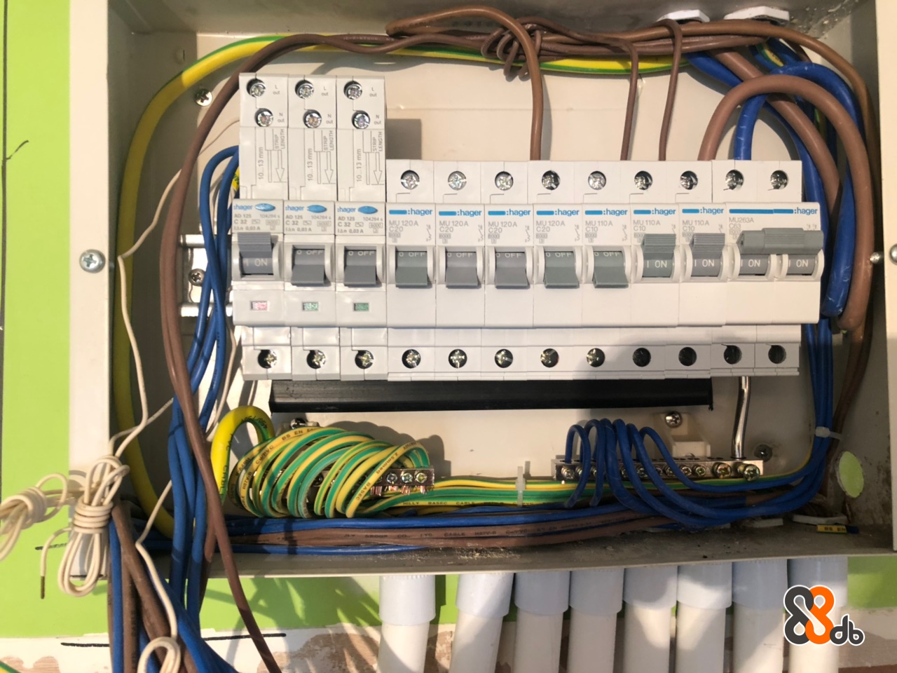 hager thager 110A MU 110A 32 5 I ON I ON ON db 5  Cable management,Electrical wiring,Electrical supply,Networking cables,Machine