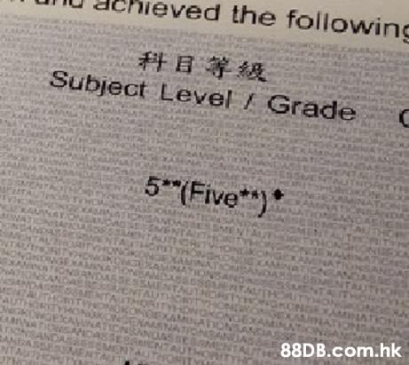 eved the following 科目等級 Subject Level/Grade 5(Five*) ) AT CNTAL AU TION ASE8M NTAUT FORT .hk MENT AUT AM  Text,Font,Paper,Document,