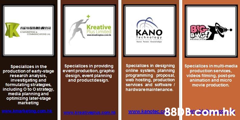 Kreative Plus Limited KANO K MARKETING COMMUNICATONS Ltd BANG www.kreativeplus.com.hk Technology .. Kane Pewer Knewledge PRODCTEON Specializes in multi-media production services, videos filming, post-pro animation and micro movie production. Specializes in providing event production, graphic design, event planning and productdesign. Specializes in designing online system, planning programming proposal, web hosting, production Specializes in the production of early-stage research analysis, investigating and formulating strategies, including O to O strategy, media planning and optimizing later-stage marketing services and software I hardwaremaintenance. www.kanotec.co88DBYcomhk www.kmark www.kreativeplus.com.ak  Text,Font,Advertising,