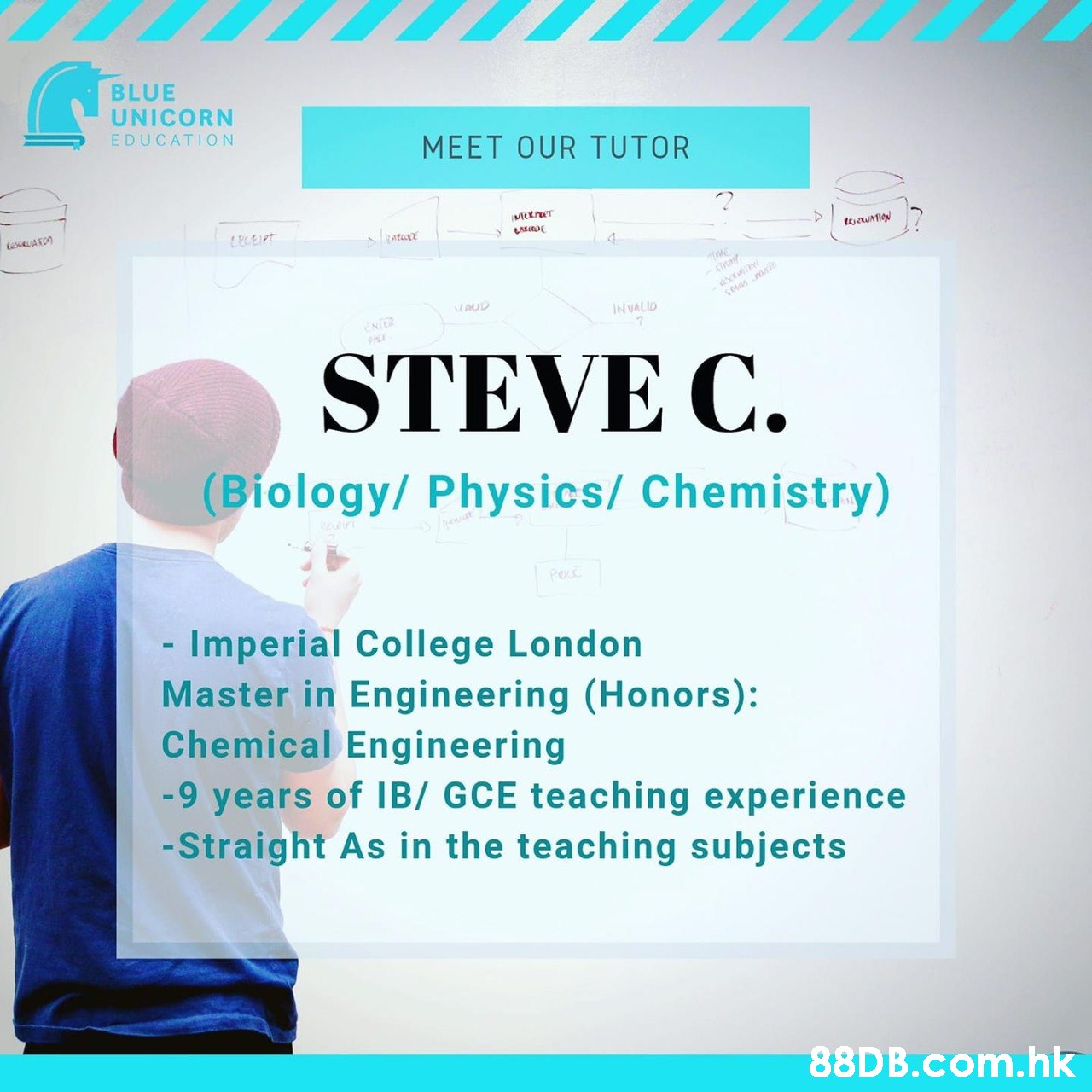 BLUE UNICORN EDUCATION MEET OUR TUTOR LAIDE texATON LECEIPT 4. VAUD INVALID ENTER STEVE C. (Biology/ Physics/ Chemistry) Pou - Imperial College London Master in Engineering (Honors): Chemical Engineering -9 years of IB/ GCE teaching experience -Straight As in the teaching subjects .hk  Text,Font,