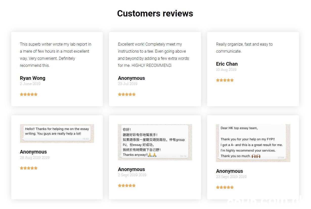 Customers reviews This superb writer wrote my lab report in Excellent work! Completely meet my Really organize, fast and easy to a mere of few hours in a most excellent instructions to a tee. Even going above communicate. way. Very convenient. Definitely and beyond by adding a few extra words Eric Chan for me. HIGHLY RECOMMEND. recommend this. 10 Aug 2019 Ryan Wong Anonymous 23 Jul 2019 2 June 2019 Dear HK top essay team, Hello!! Thanks for helping me on the essay 你好! writing. You guys are really help a lot! 謝謝好彩有你地幫我手! 如果唔係我一星期交唔到兩份,伸有group PJ,份essay好成功。 我終於有時間做下自己野! Thanks anyway!!AA 1802 Thank you for your help on my FYP! I got a A- and this is a great result for me. I'm highly recommend your services. Anonymous Thank you so much. HH 1616 28 Aug 2019 2019 2308 Anonymous 2 Sept 2019 2019 Anonymous 23 Sept 2019 2019 *****  Text,Font,Line,